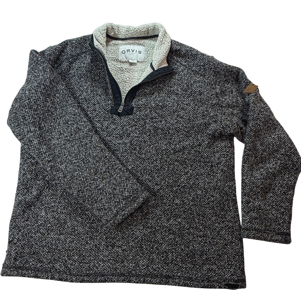 Orvis Quarter Zip Pullover Mens L Marled Knit Sherpa Lined Black White